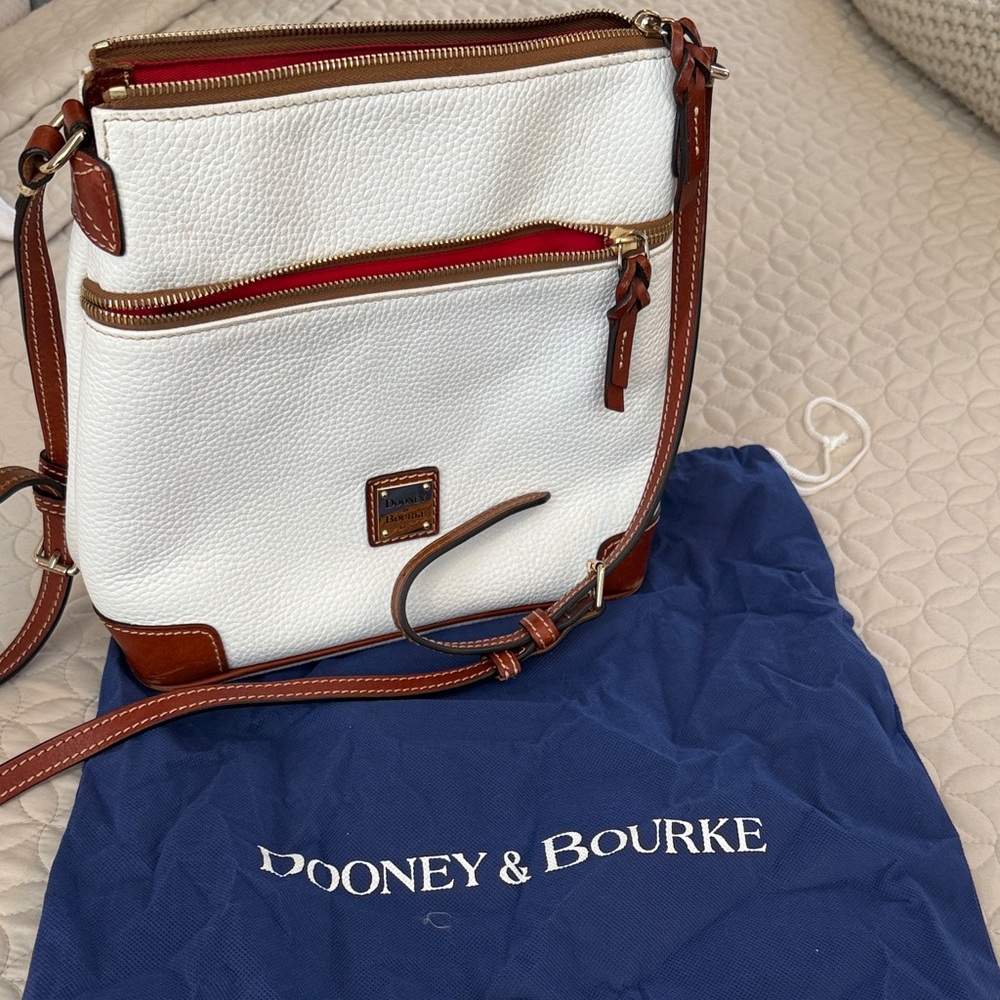 Dooney & Bourke White Pebble Leather Crossbody with Brown Trim